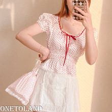 12Land FiFi chachnil穿丝带上衣连衣裙娃娃波点法式蕾丝收腰短袖