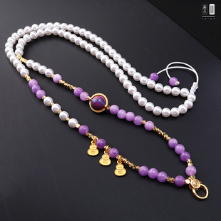 泰伽纯手工珍珠贝项链紫色系淡紫圆珠佛牌链子绳吊坠绳快拆方便扣
