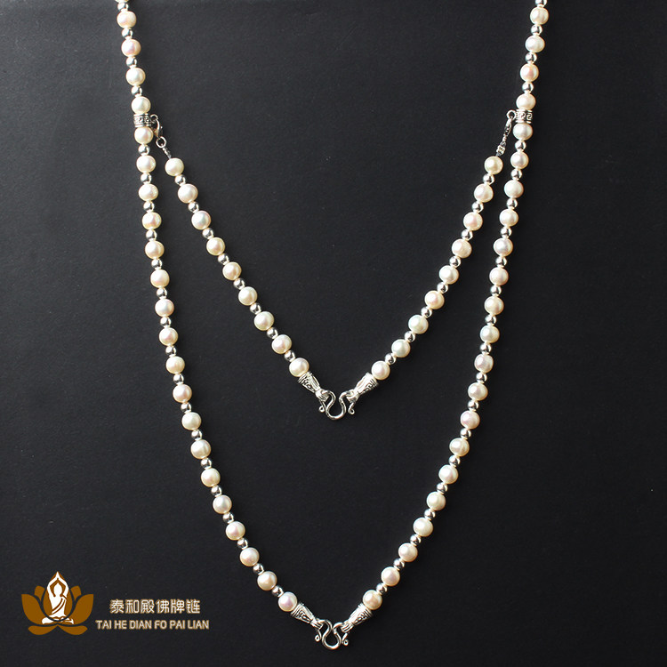 天然淡水珍珠泰国佛牌链子银色配饰双挂女6毫米珠子