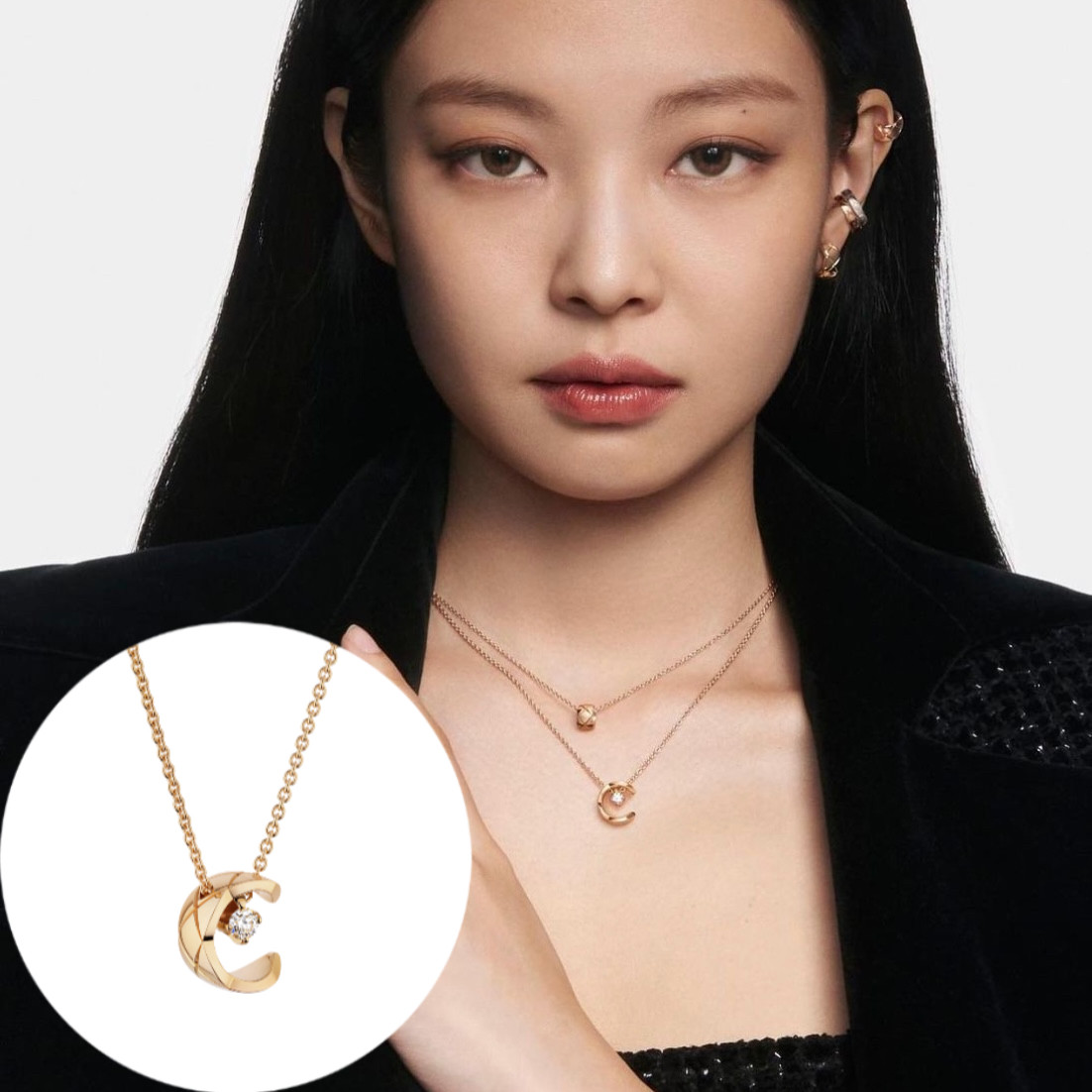 Jennie同款ins小香风v金材质菱格纹水冰月项链短款锁骨链月亮女