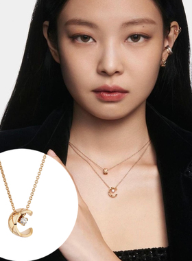 Jennie同款ins小香风v金材质菱格纹水冰月项链短款锁骨链月亮女