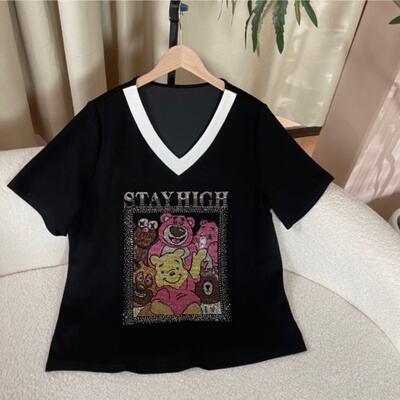 PWD33508【现货仅上衣】新款v领设计烫钻涂鸦大码女装【衣长68】