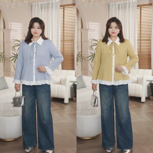 PWD33493【现货仅上衣】新款简约假两件大码女装上衣【衣长68】