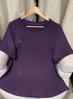 PWD32816【仅上衣】夏季新款圆领百搭显瘦烫钻大码T恤【衣长69】