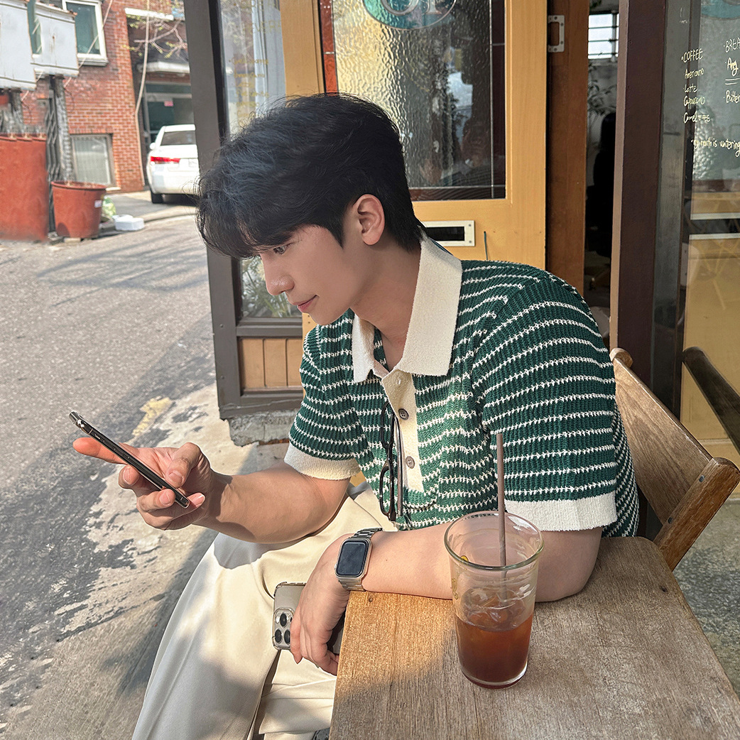 MYQ撞色条纹针织短袖男夏季宽松半袖Polo衫韩系设计感小众上衣