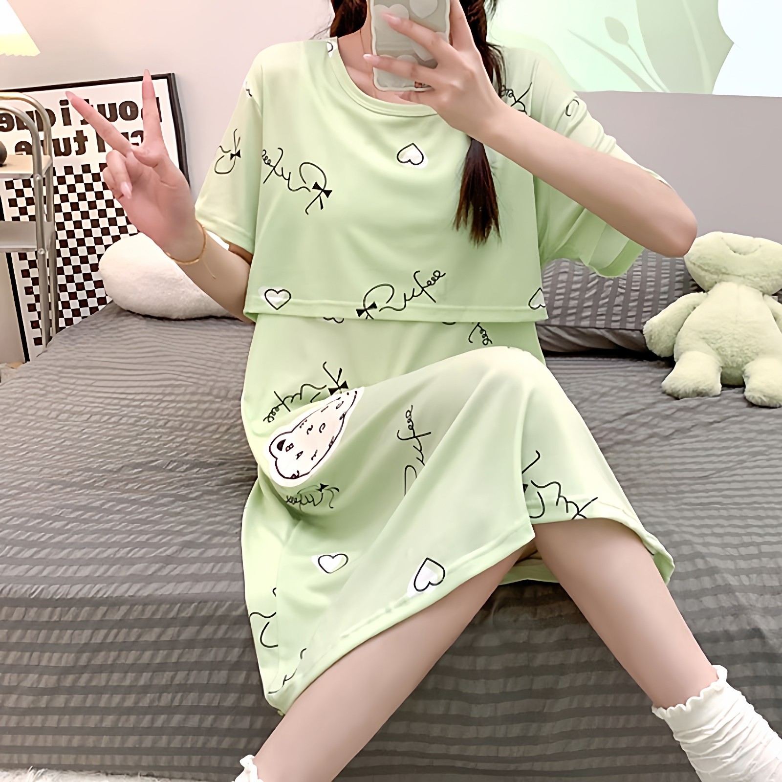 哺乳睡裙女夏上掀短袖喂奶连衣裙薄产后孕妇月子产妇裙吃母乳睡衣