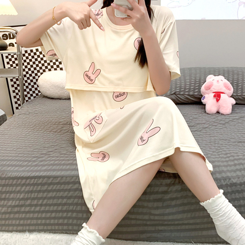 2026哺乳睡裙女夏上掀短袖喂奶连衣裙薄产后孕妇月子产妇母乳睡衣