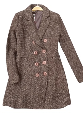 出口单 含羊毛英伦风双排扣毛呢大衣 中长外套 厚实修身女W190404