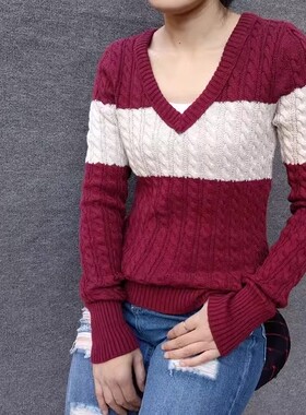出口外贸 棉线V领麻花薄毛衣修身复古撞色女有大码11色W191104