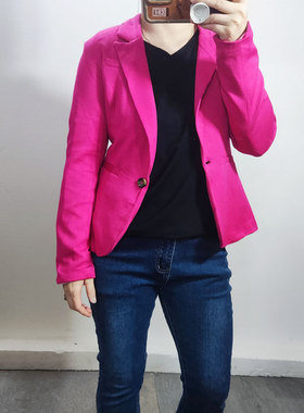 火龙果色长袖一粒扣西装修身休闲外套春秋女外贸出口X200401