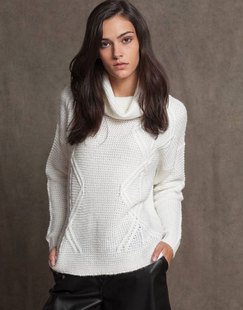 出口 长袖 高领堆堆领 白色宽松女Z050303 复古菱形绞花毛衣