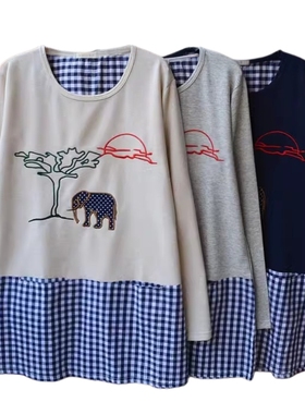 日单格子拼接假两件套中长款毛圈卫衣刺绣3色女款长袖W191505包邮