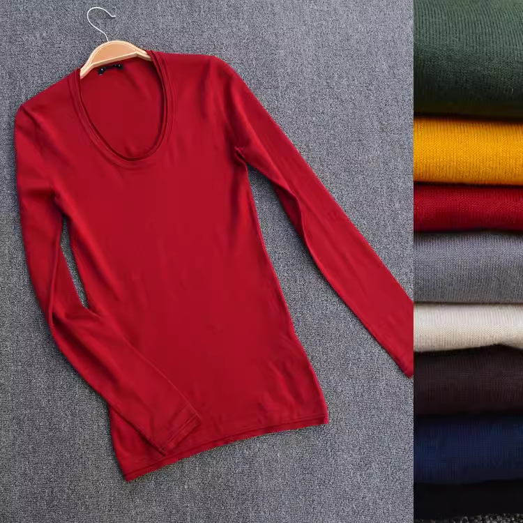 U领长袖针织衫修身女性感