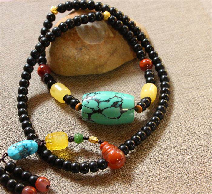 天然原矿高瓷高蓝绿松石大桶珠吊坠多宝项链