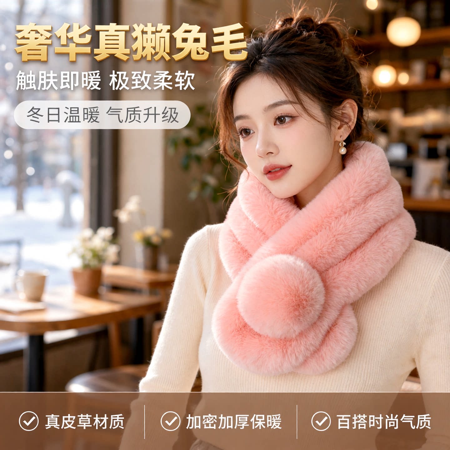毛绒仿獭兔毛围巾2026新女秋冬保暖仿皮草交叉毛茸茸围脖加厚毛领