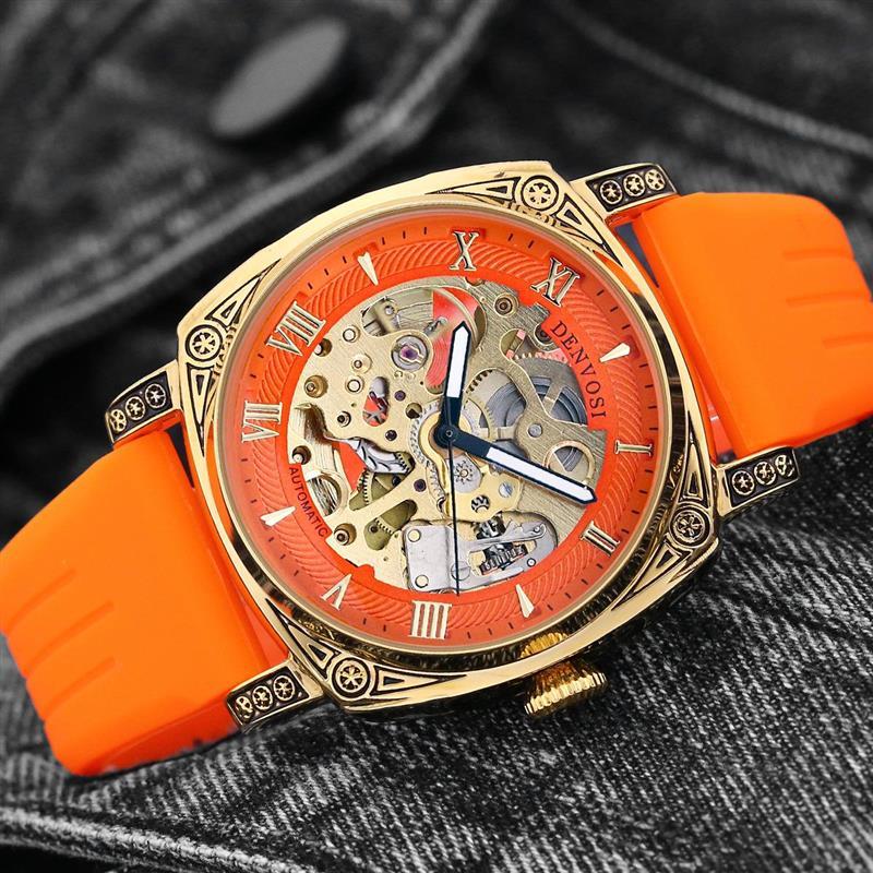 机械夜光透底带腕表男士镂空手表男表方形丹弗士全自动硅胶