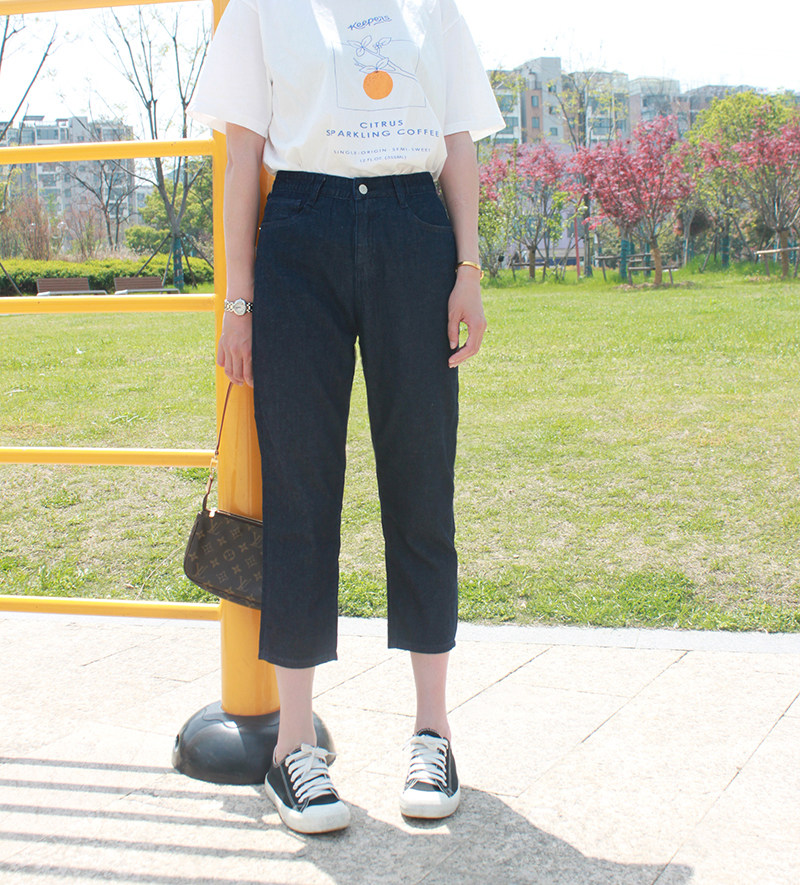 minibrand夏款超薄柔软藏蓝松紧高腰空调裤八分直筒牛仔裤