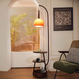 落地灯中古风卧室床头柜一体置物架柚子灯客厅沙发旁氛围感钓鱼灯