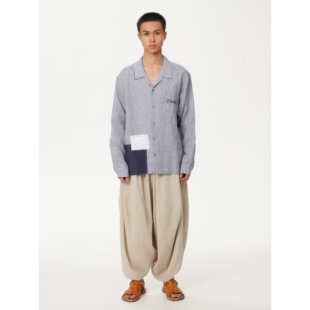 男女同款 衬衫 wave系列 法国麻格纹撞色补丁刺绣透气长袖 YOWSAH