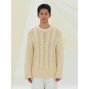 YOWSAH 意大利绒柔羊毛混纺粗针松弛艺术绞花轮廓毛衣 黄色