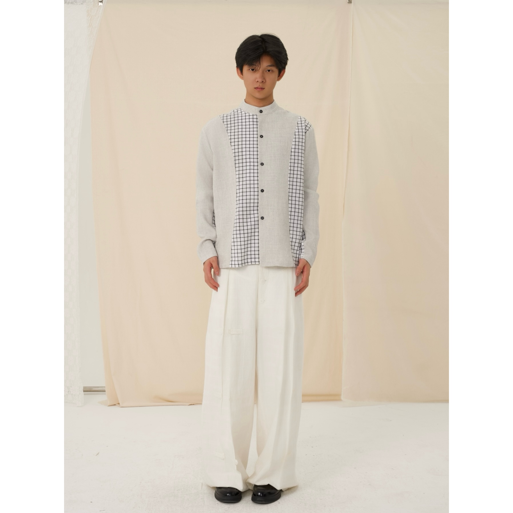 YOWSAH 格纹不对称拼接圆领外套