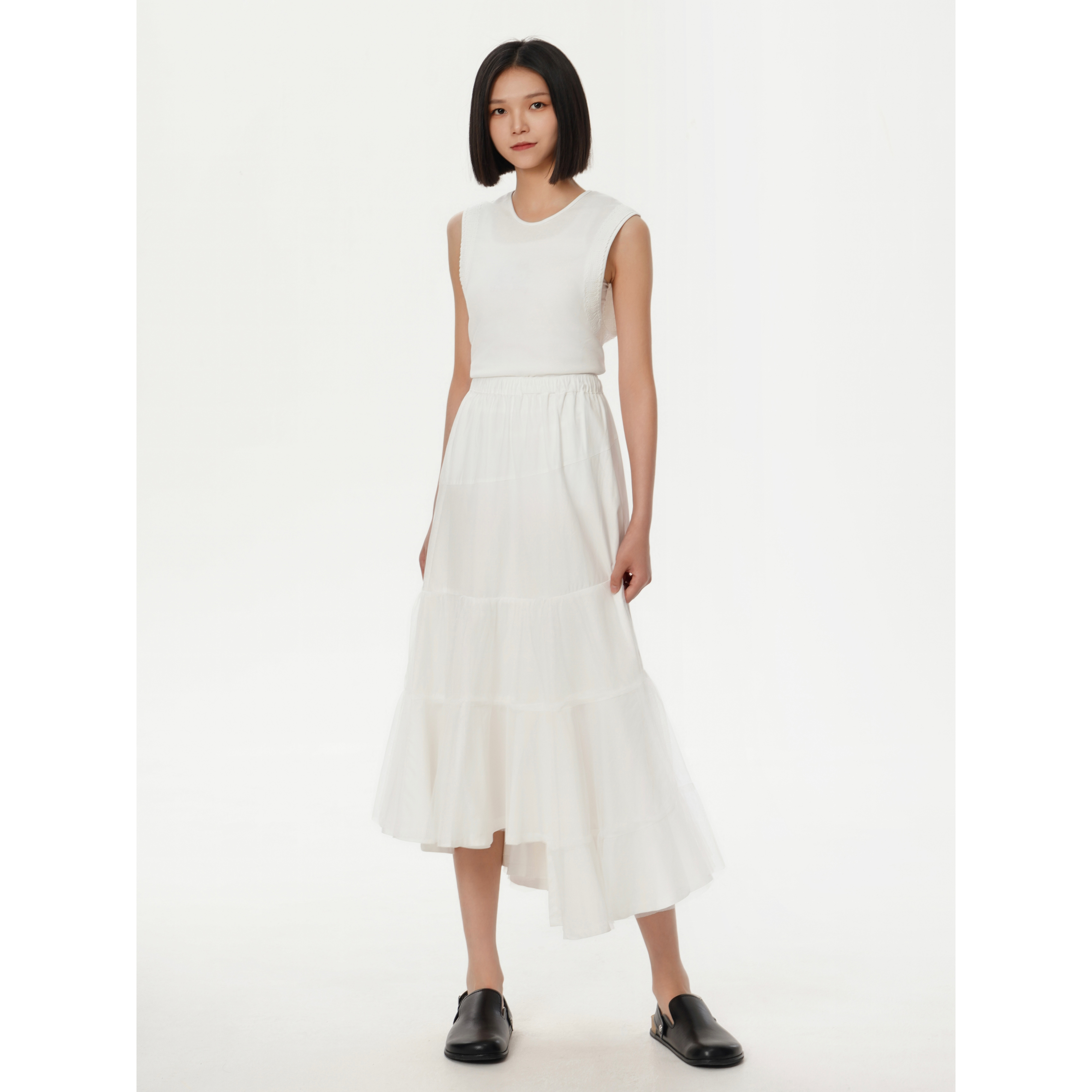 YOWSAH 高腰多层多片不对称网纱全棉松紧腰半身长裙 amoroso系列