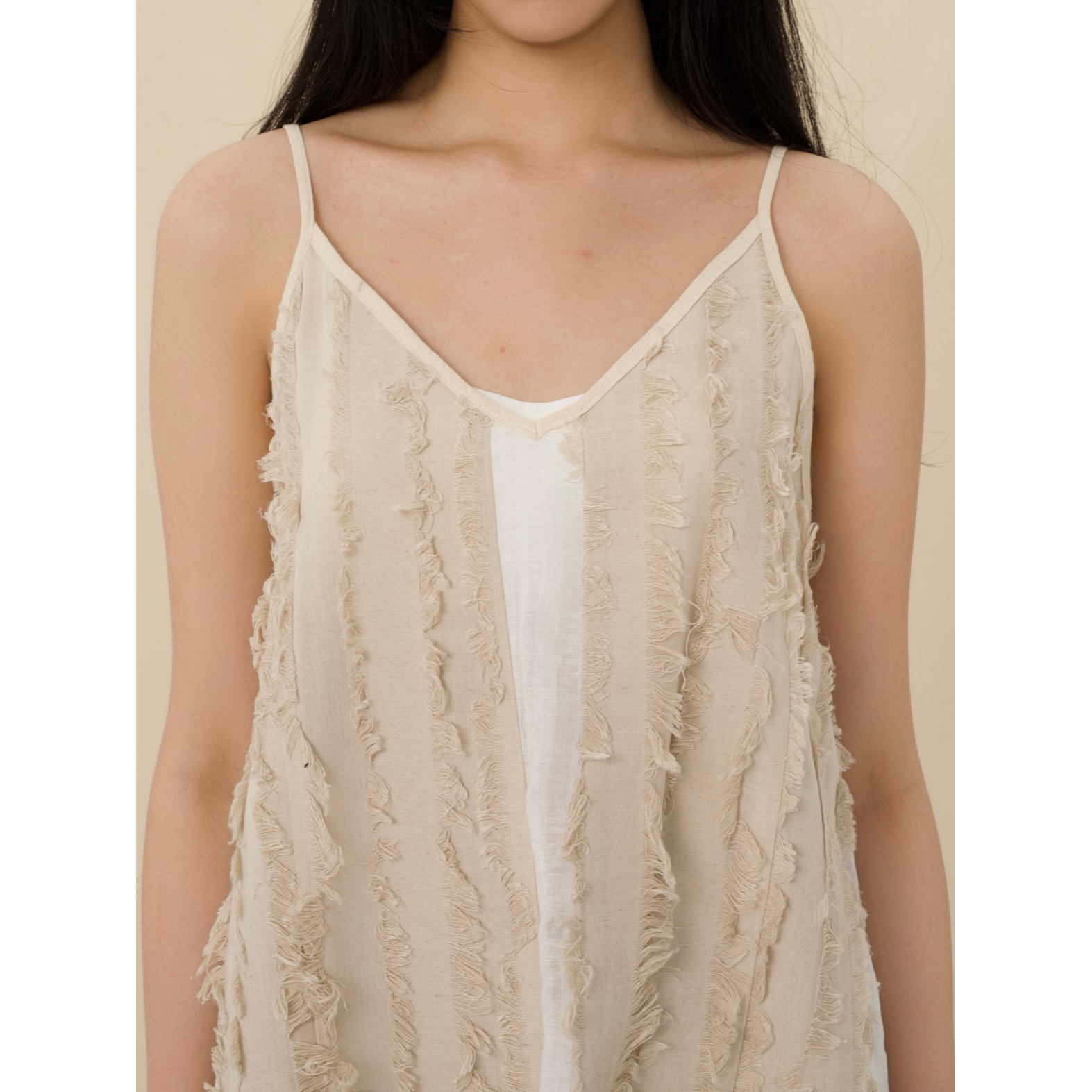 YOWSAH 有机棉麻拼接提花格纹吊带连衣裙