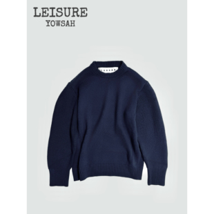 YOWSAH LEISURE 进口有机棉纱线防静电粗针拼接袖圆领套头毛衣