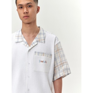 男女同款 拼色格纹古巴领衬衫 wave系列 法国麻胸袋刺绣短袖 YOWSAH