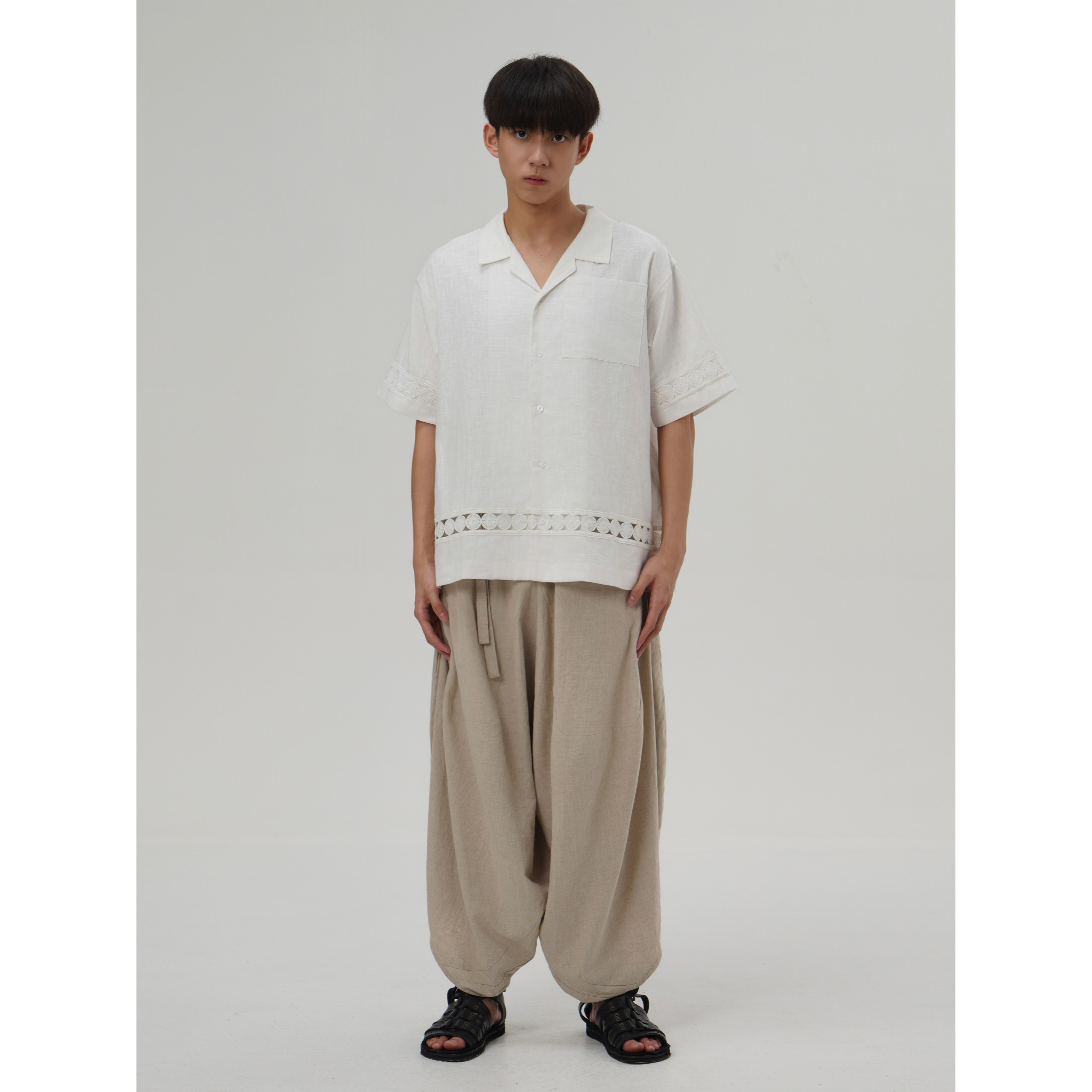 YOWSAH 复古度假刺绣花边棉麻古巴领短袖衬衫男女同款 wave系列