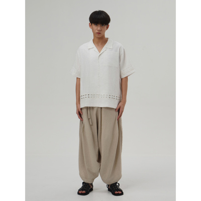 YOWSAH 复古度假刺绣花边棉麻古巴领短袖衬衫男女同款 wave系列