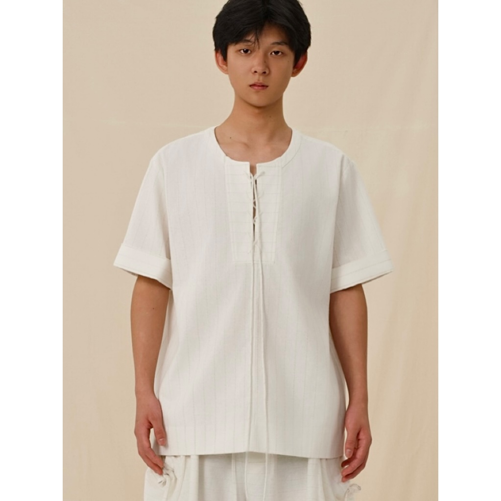 YOWSAH 绑带抽绳条纹度假圆领衬衣 条纹