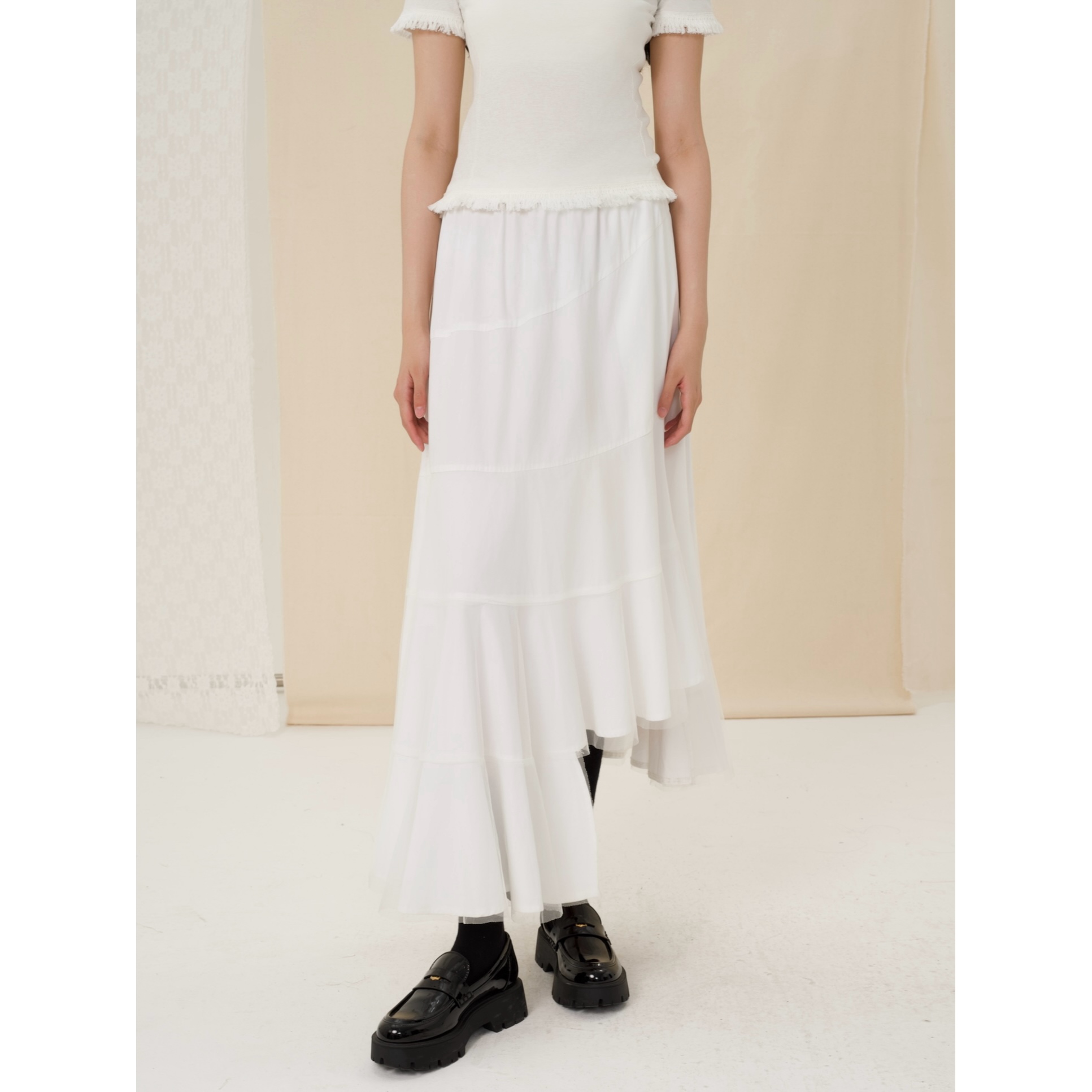 YOWSAH 不对称多层片网纱松紧腰半身长裙