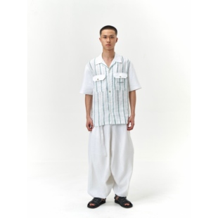 男女同款 衬衫 wave系列 法国麻刺绣胸袋竖条纹古巴领短袖 YOWSAH