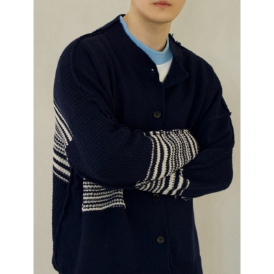 YOWSAH 23秋冬中性羊毛混纺条纹前后片拼接针织衫开衫毛衣 藏青色