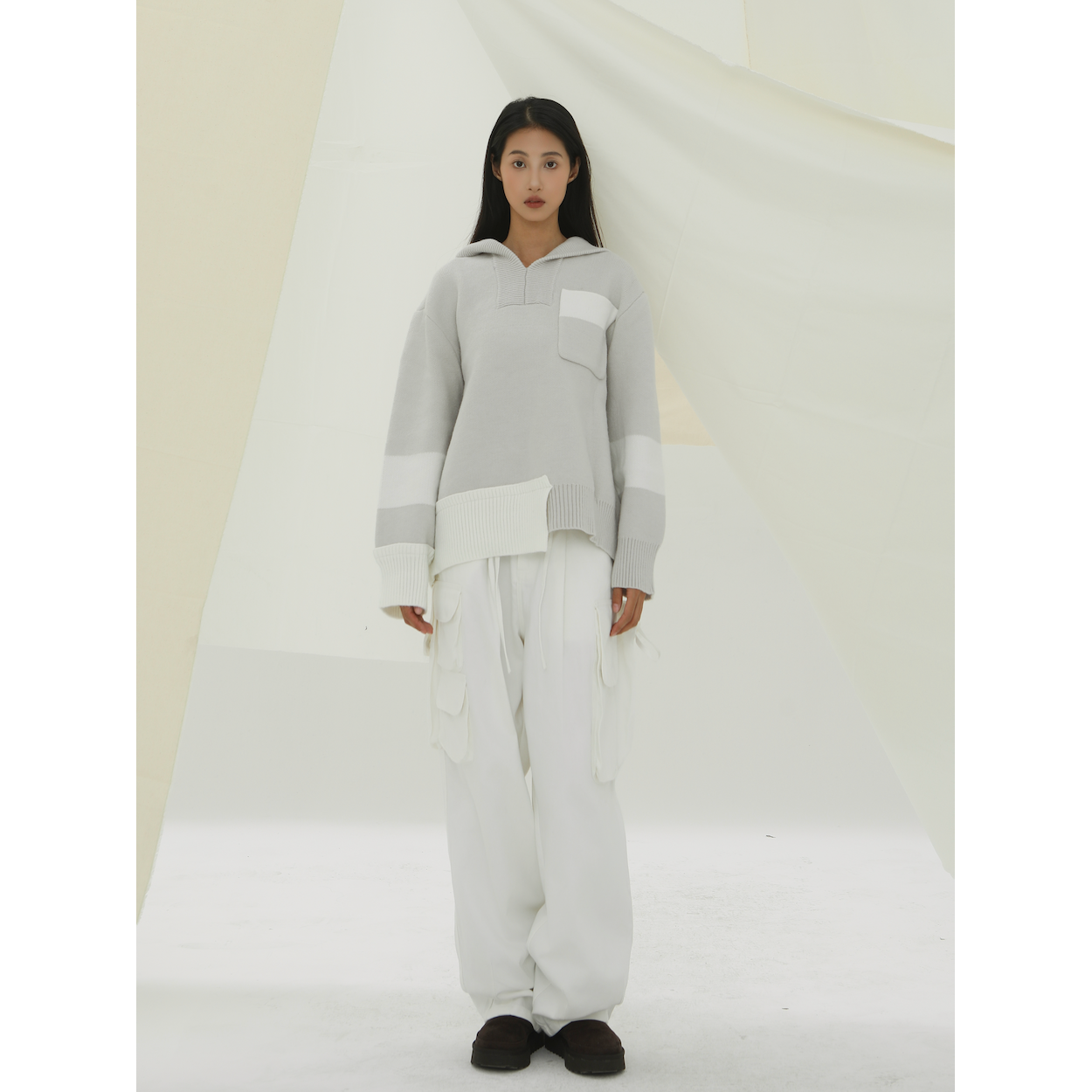 YOWSAH 拼接螺纹简约慵懒连帽阔形宽松保暖多绒厚款毛衣 米灰色