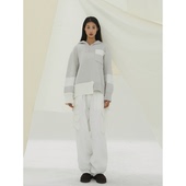 毛衣 YOWSAH 拼接螺纹简约慵懒连帽阔形宽松保暖多绒厚款 米灰色