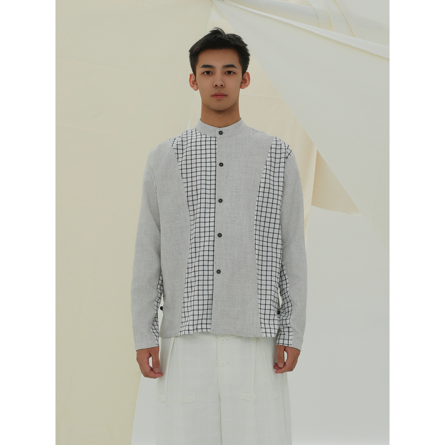 YOWSAH复古斜襟盘口宽松格子衬衫