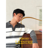 男女同款 YOWSAH 羊毛混纺条纹翻领拼接宽松套头针织衫