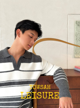 YOWSAH 羊毛混纺条纹翻领拼接宽松套头针织衫 男女同款