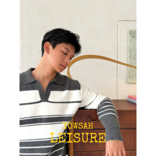 YOWSAH 羊毛混纺条纹翻领拼接宽松套头针织衫 男女同款