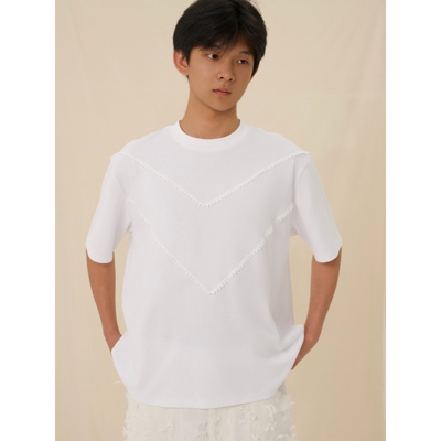 YOWSAH V型花边拼接针织短袖T恤