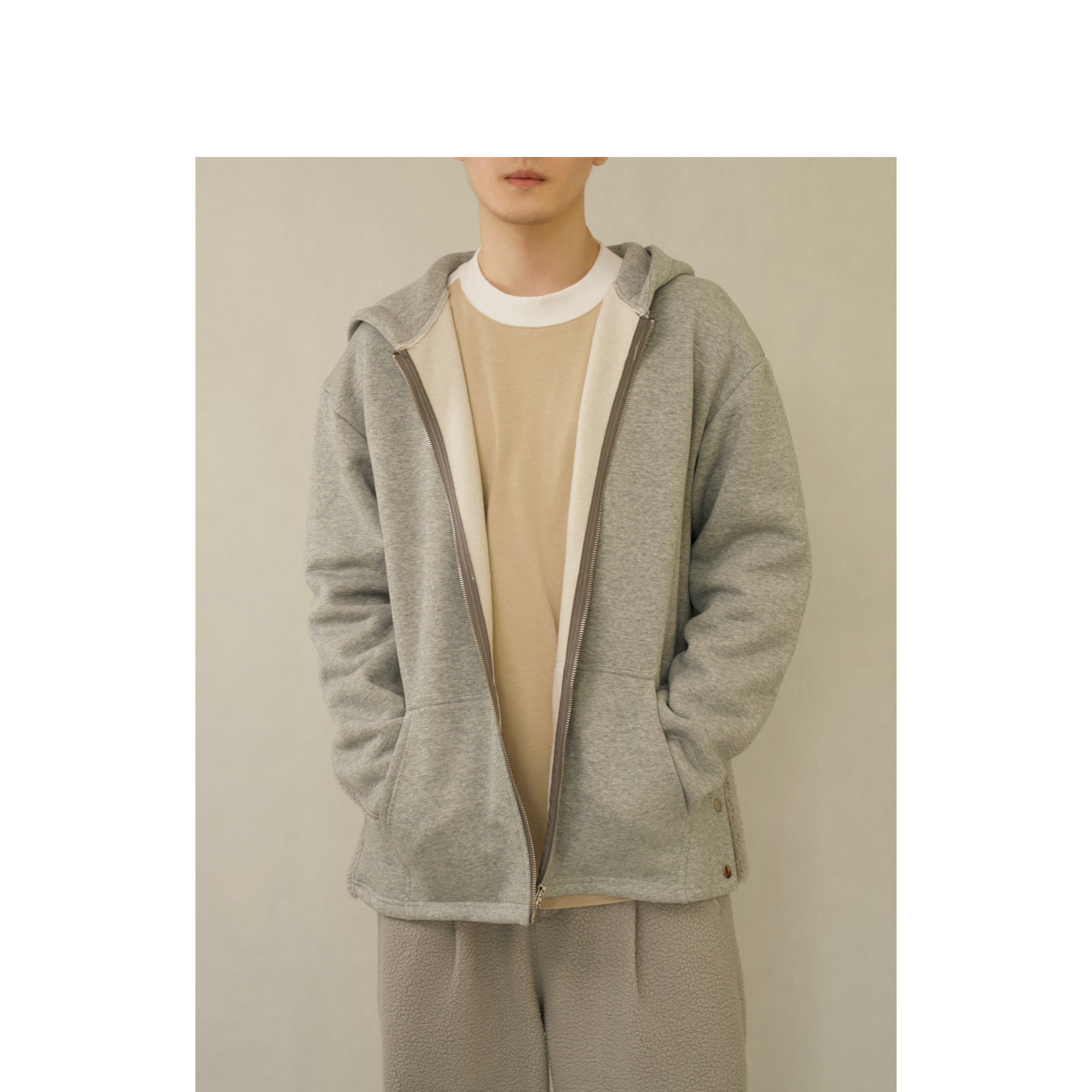 YOWSAH 23秋冬后片拼接双面绒针织长袖开衫双头拉链卫衣 灰色