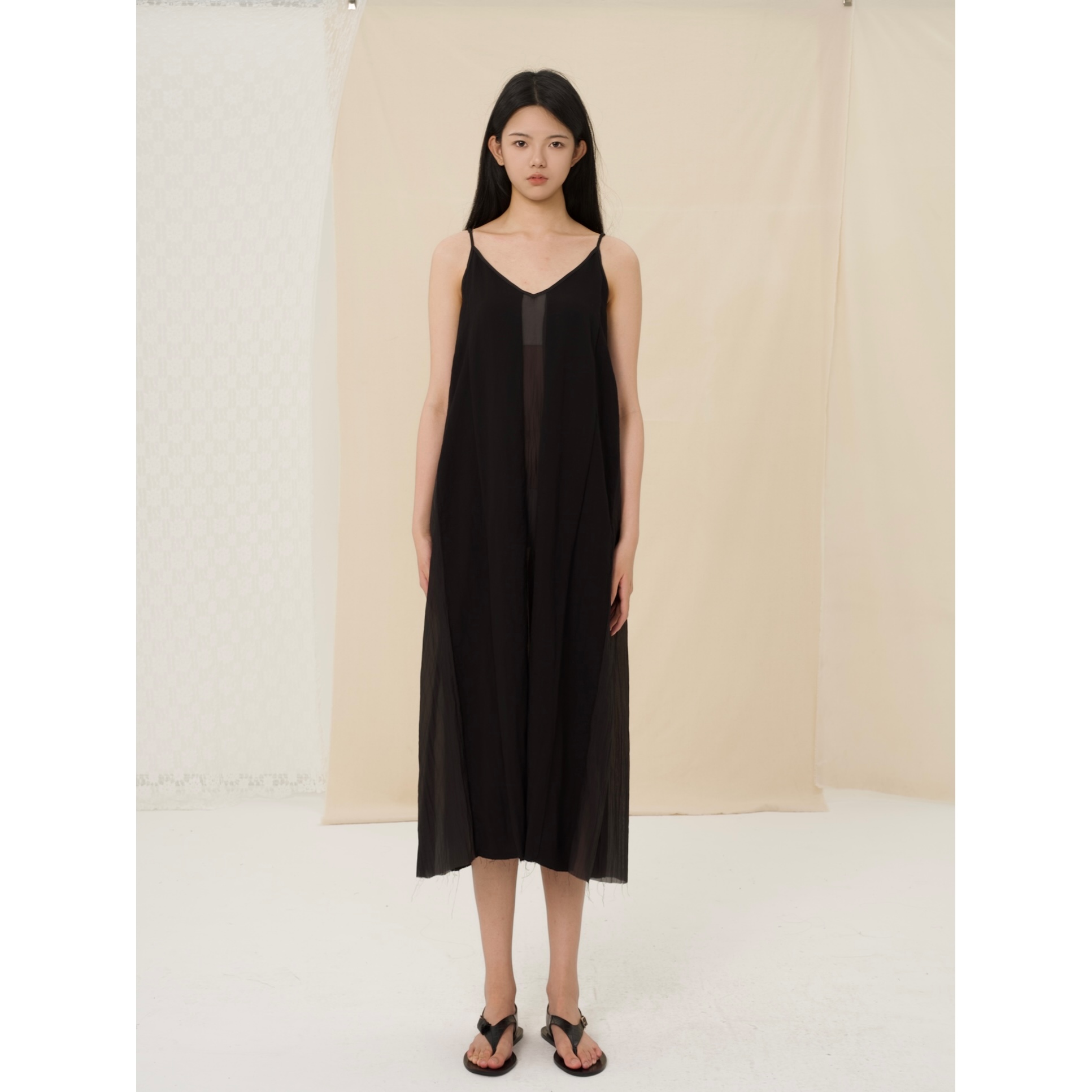 YOWSAH 有机棉麻薄纱拼接提花吊带连衣裙