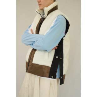 YOWSAH 中性23秋冬里外两穿羊羔绒拼接可翻领保暖棉背心 深咖色