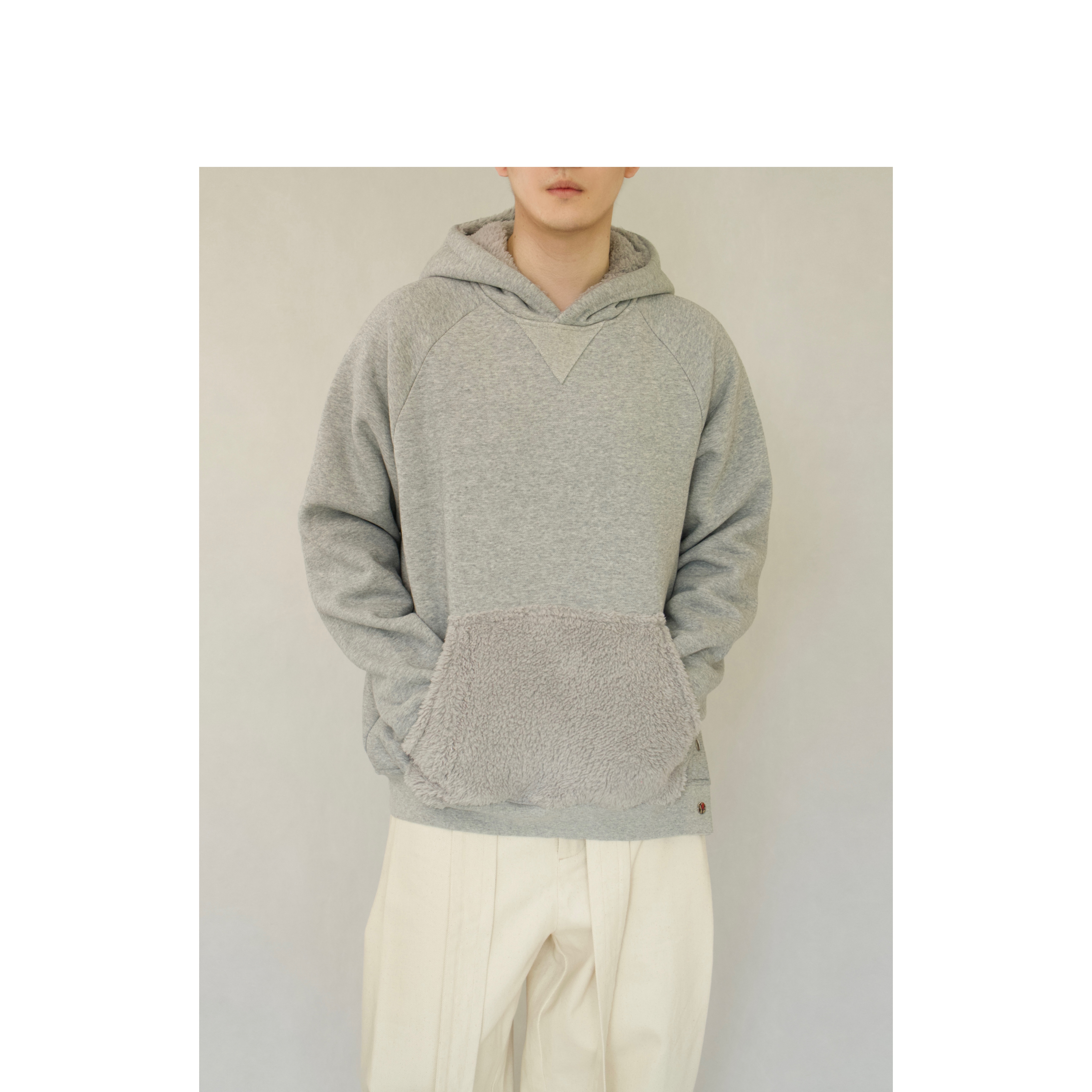 YOWSAH 23秋冬中性针织套头连帽卫衣双面绒拼接 针织加绒灰色卫衣