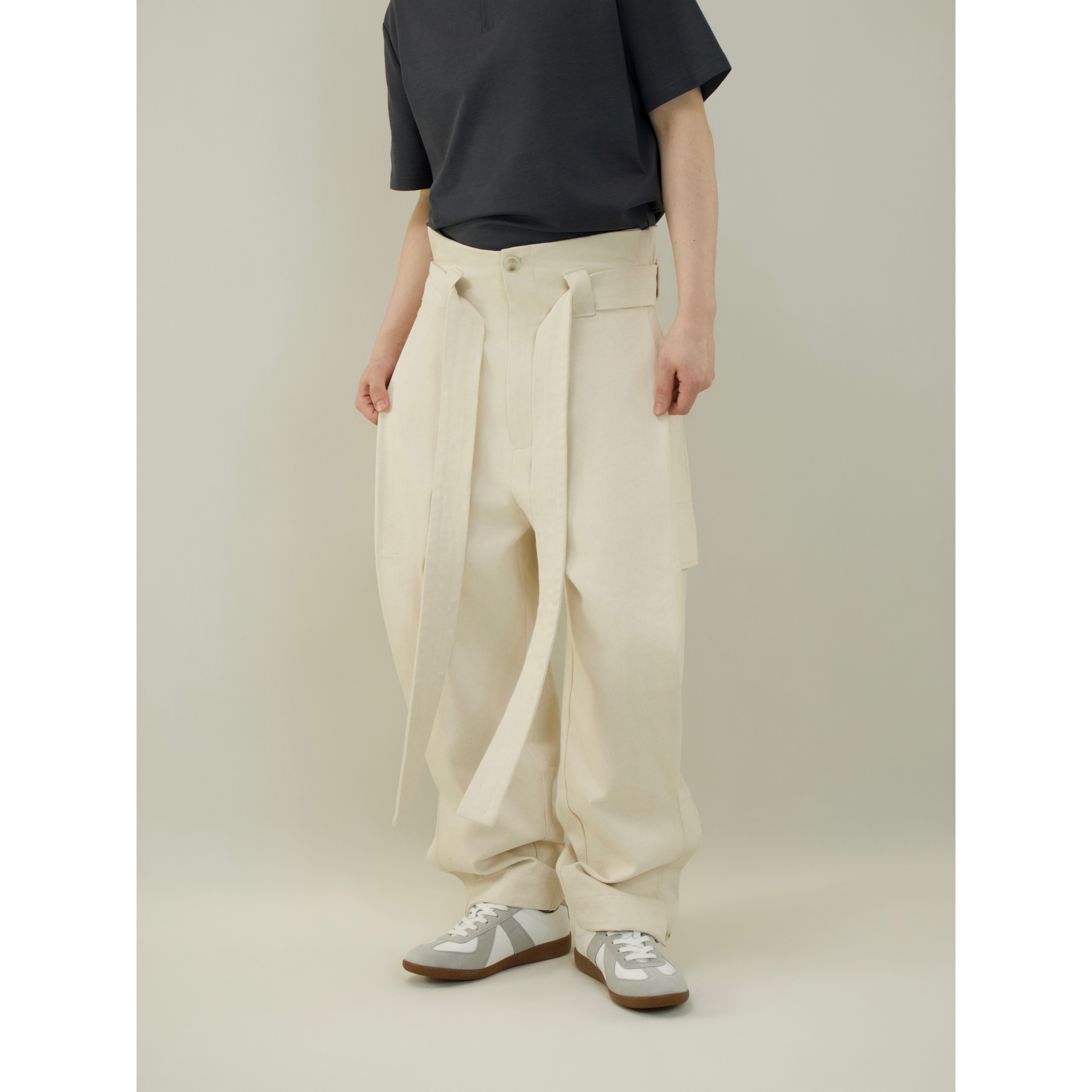 YOWSAH 前片叠层高腰多口袋宽松重磅丹宁阔腿牛仔长裤 杏白色