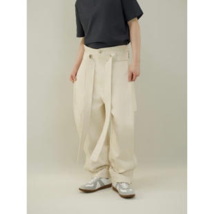 YOWSAH 前片叠层高腰多口袋宽松重磅丹宁阔腿牛仔长裤 杏白色