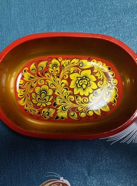 俄罗斯民族特色凤尾花红色漆器水果盘长日30厘米宽15厘米高5厘米