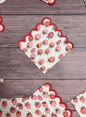 草莓印花红色波浪边餐巾纸创意咖啡厅西餐摆台餐具装饰垫纸面巾纸